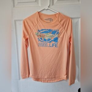 Reel Life Long Sleeve Performance Tee - Peach with Blue Graphic